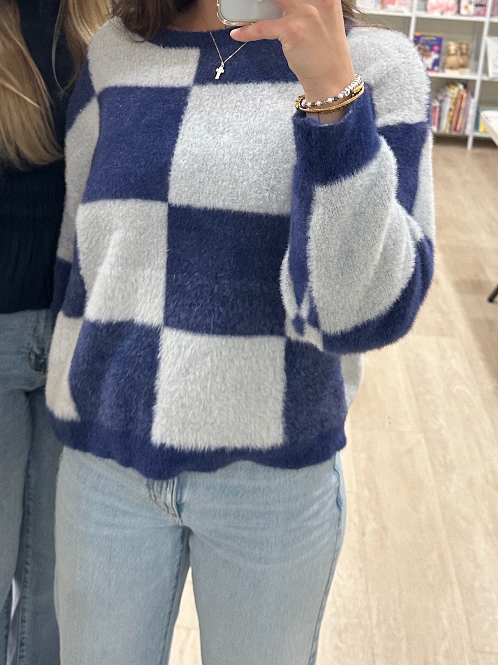 Checkered Fuzzy Sweater - Women's